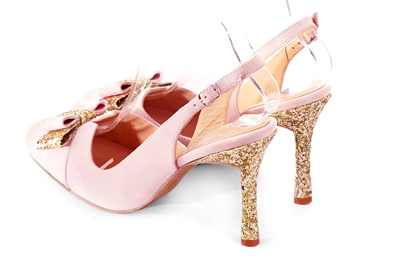 Light pink and gold women's open back shoes, with a knot. Round toe. Very high slim heel. Rear view - Florence KOOIJMAN